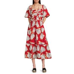 Karl Lagerfeld Paris Red Floral Cotton Midi Dress New Size 10 Short Sleeve $168